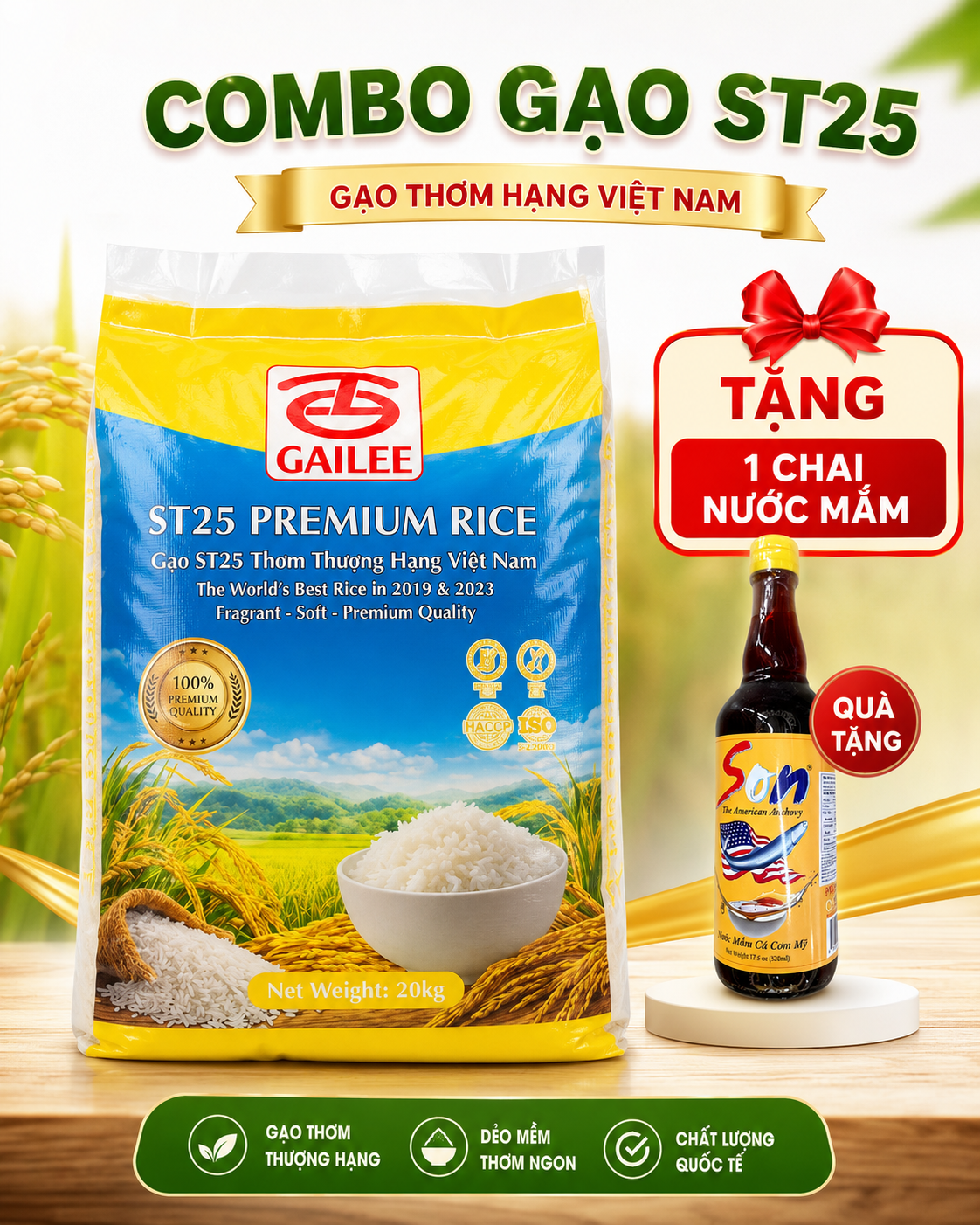 ST25 Premium Rice — comes with a free bottle of anchovy fish sauce