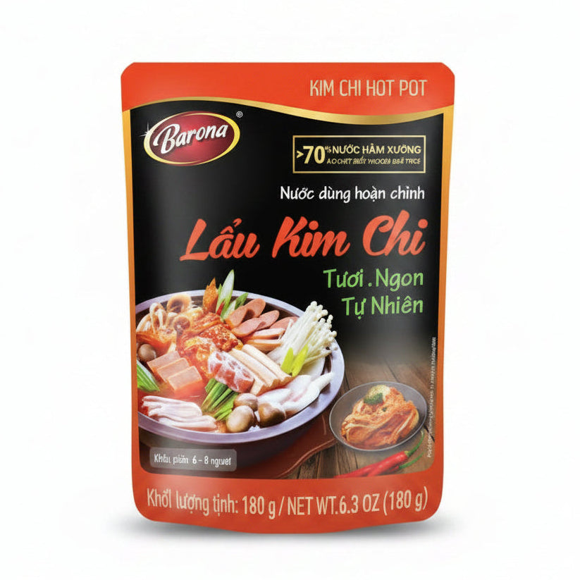 Barona Lẩu Kim Chi hot pot seasoning package with an image of a bowl of soup and ingredients on an orange background.